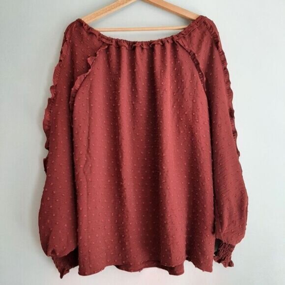 MAX STUDIO / Swiss Dot Textured Boho Ruffle Sleeve Blouse Rust Brown Sz XL - Picture 9 of 13